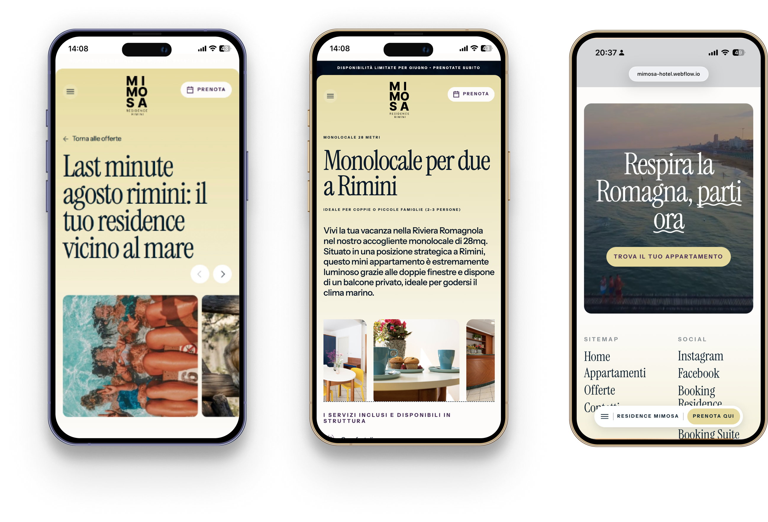 Tre smartphone mostrano pagine di un sito di residence a Rimini con offerte e appartamenti.